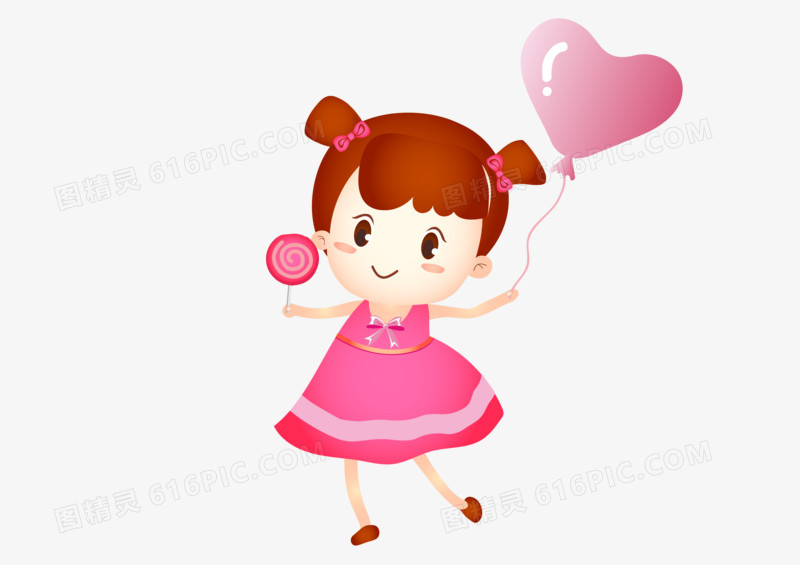 粉色可爱矢量手拿棒棒糖粉红气球矢量卡通儿童节马尾辫小女孩免扣元素