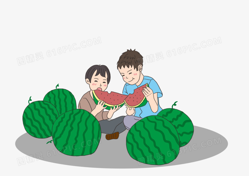 卡通可爱男生夏季吃西瓜