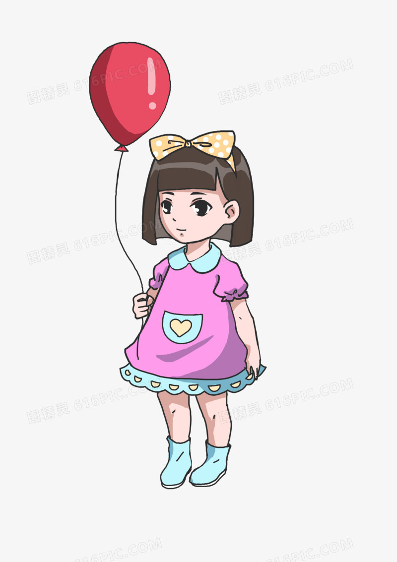 手绘儿童节拿气球的小女孩元素