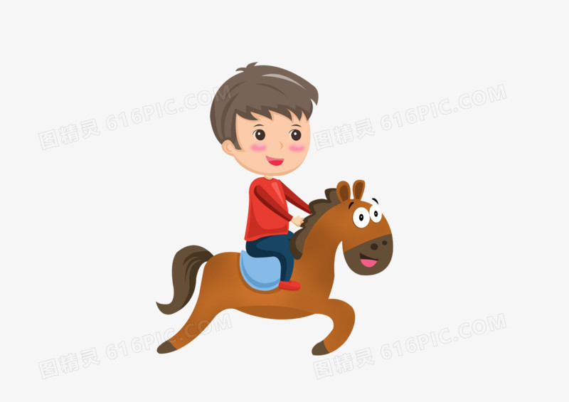 儿童节之手绘卡通玩木马的小男孩