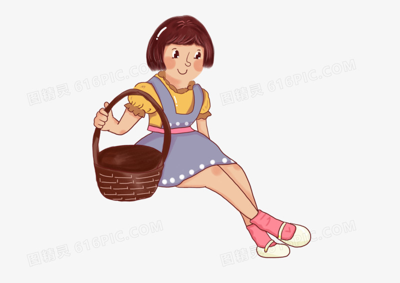 卡通可爱拿着篮子的短发儿童