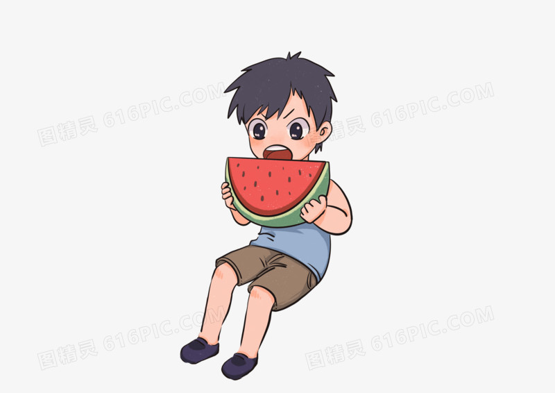 卡通可爱男孩夏季吃西瓜