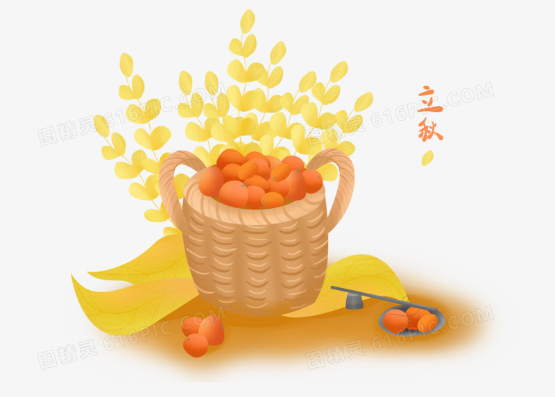 黄色清新风立秋一篮橘子手绘插画