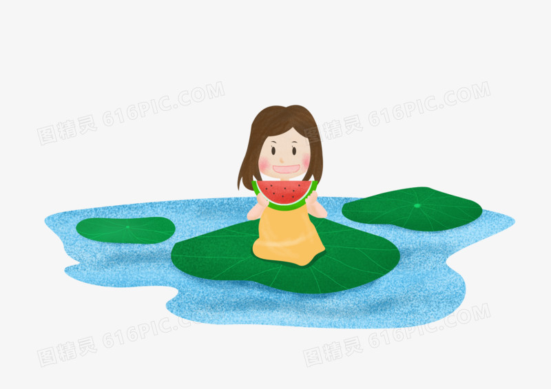 夏至之手绘卡通可爱的女孩做在荷叶上吃西瓜