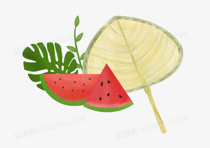夏天之手绘卡通的粽叶蒲扇和西瓜