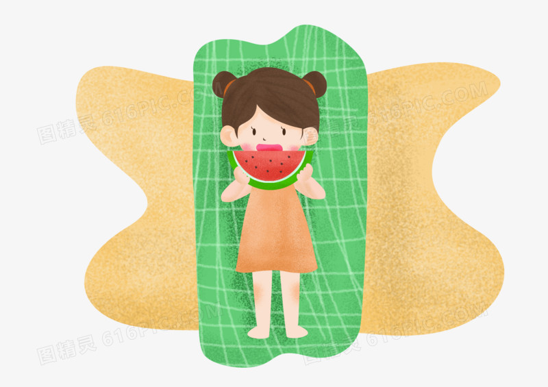 夏天之手绘可爱卡通的女孩在沙滩上吃西瓜