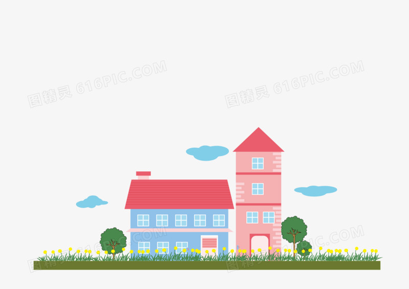 手绘粉色卡通小房子矢量图背景素材
