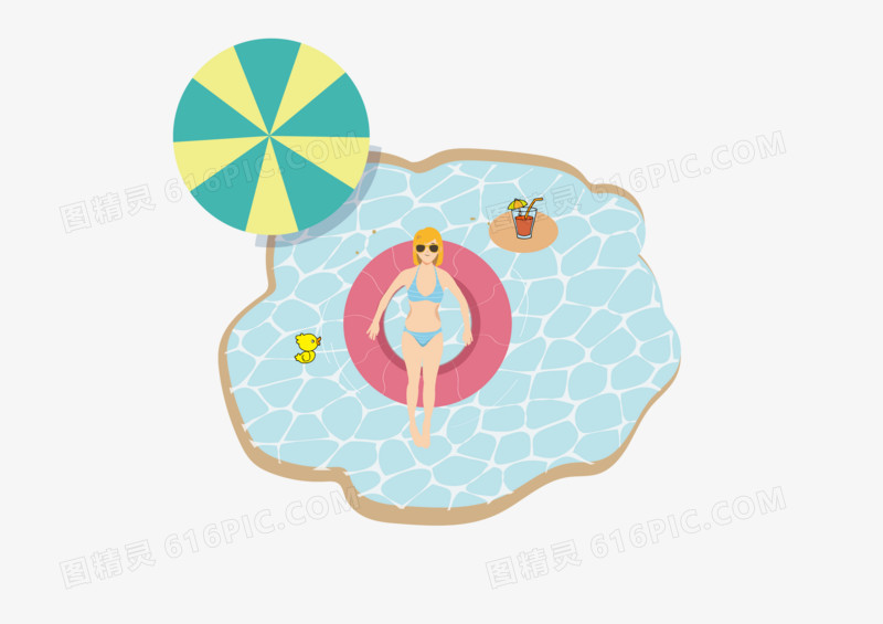 手绘女孩夏季泳池矢量图插画
