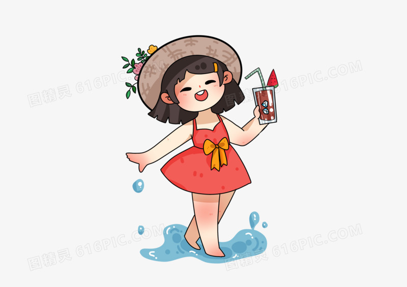 夏日水边喝冷饮的女孩插画设计
