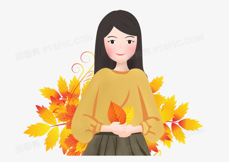 秋天之手绘卡通可爱的女孩拿树叶子