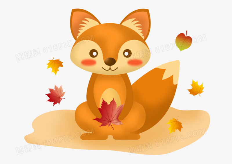 秋分之手绘卡通可爱的小动物狐狸拿枫叶