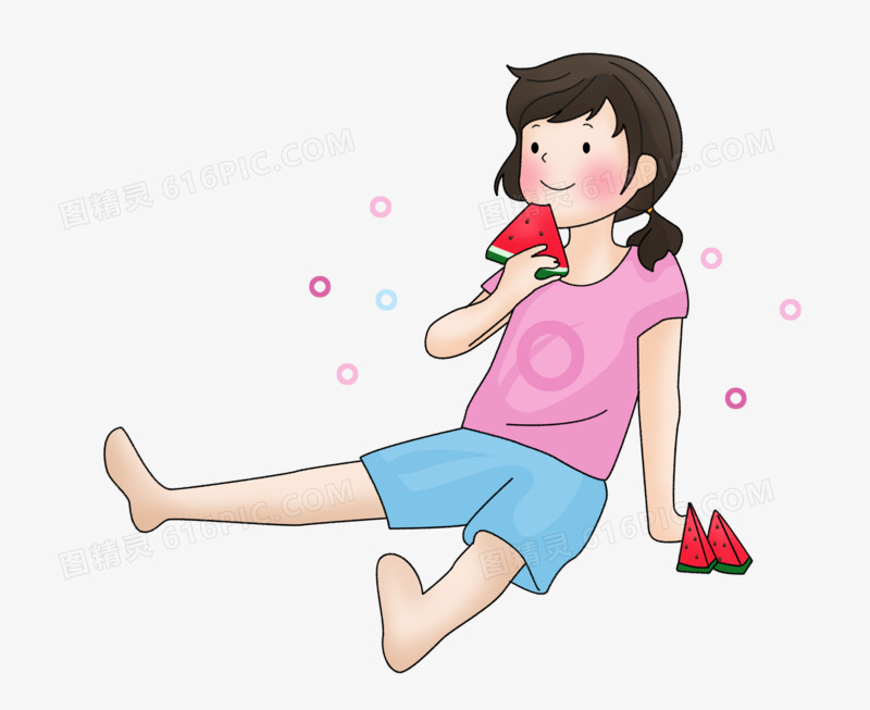 夏天之手绘卡通的女孩坐在地上吃西瓜