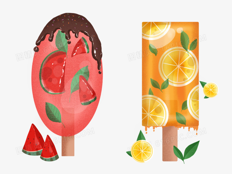 清爽夏日水果冰块素材元素设计