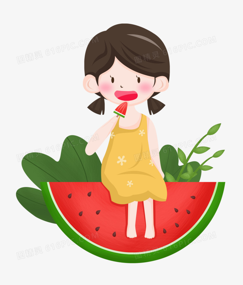 夏天之手绘卡通女孩坐在西瓜上吃西瓜冰棒