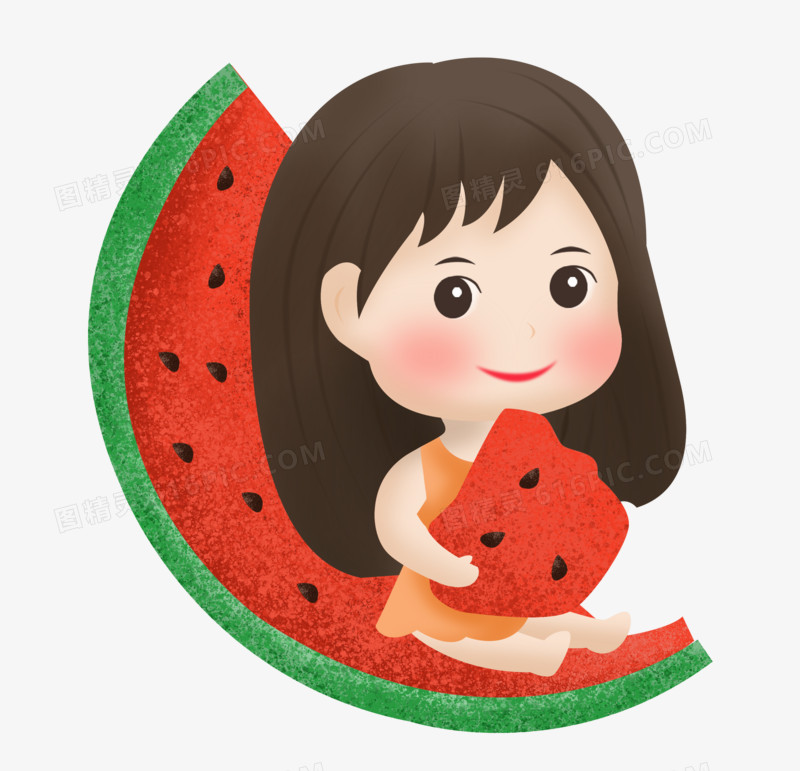 夏天之手绘卡通的小女孩吃西瓜