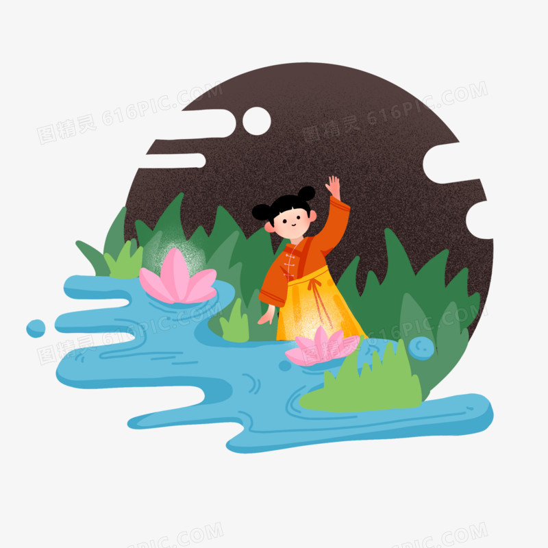 中元节放荷花灯场景插画元素