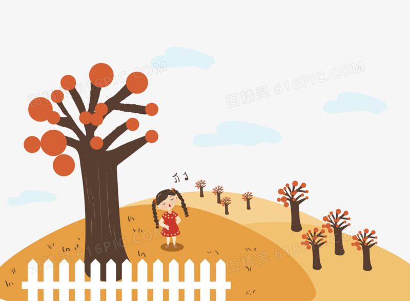 手绘树下唱歌的小女孩矢量图素材