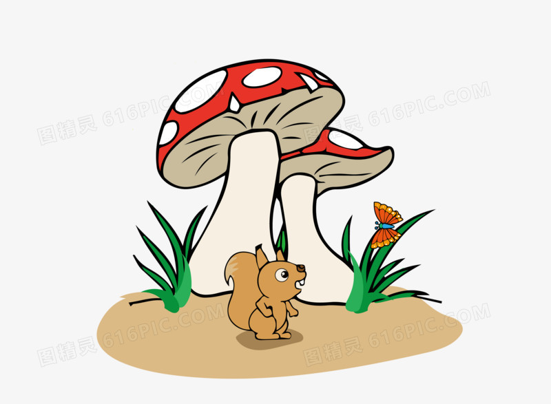 手绘蘑菇屋小松鼠素材图片