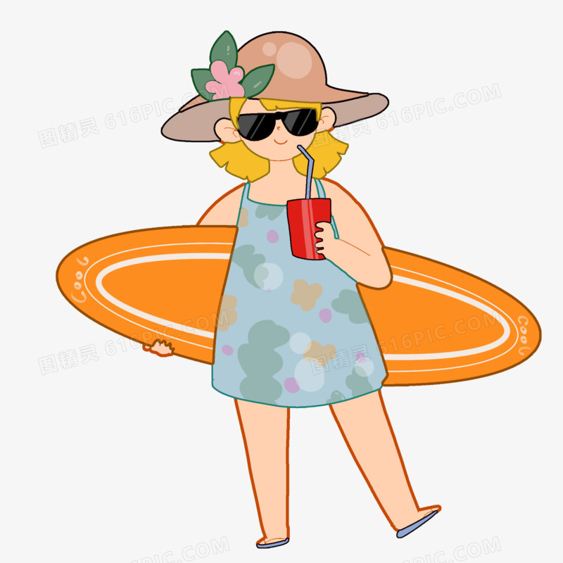 卡通夏日抱着冲浪滑板的女孩