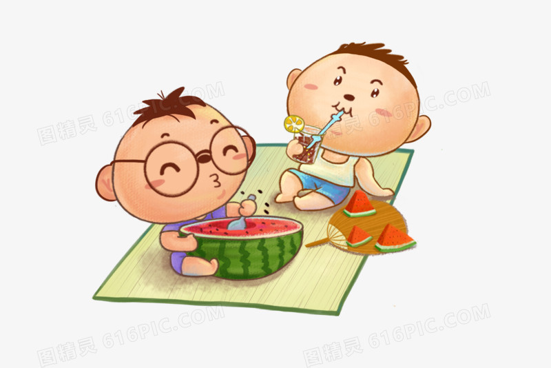 手绘冰爽夏日吃西瓜喝饮料的小男孩