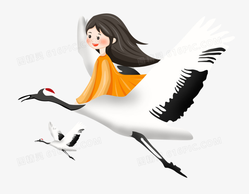 白露之手绘卡通女孩坐在白鹭上飞行