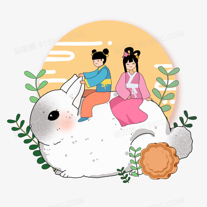 手绘中秋节玉兔月亮插画小场景元素