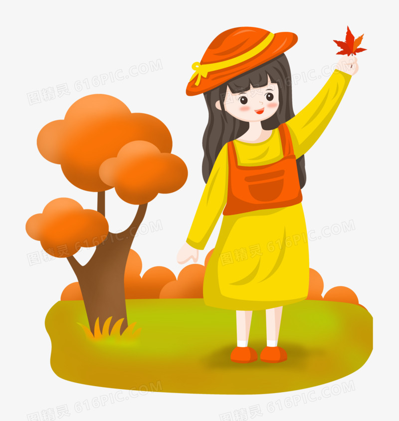 秋分之手绘卡通捡枫叶的女孩子