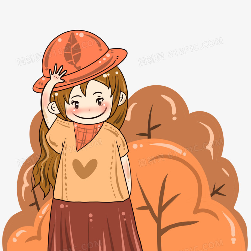 手绘秋天戴帽子女孩小清新元素