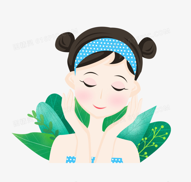 手绘卡通美容保养洗脸的女孩子