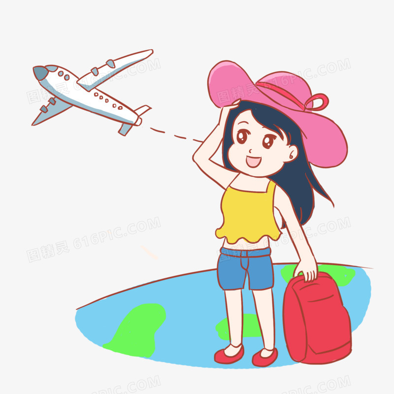 少女夏天旅游卡通手绘元素