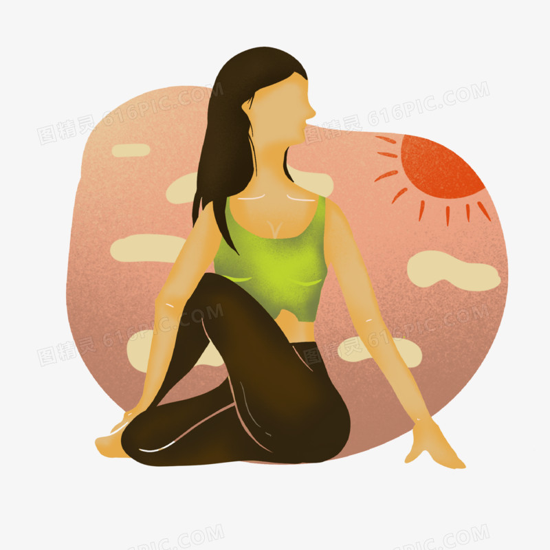 手绘女孩修身养心的瑜伽元素