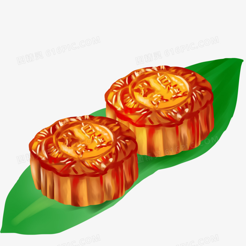 手绘放在竹叶上月饼素材
