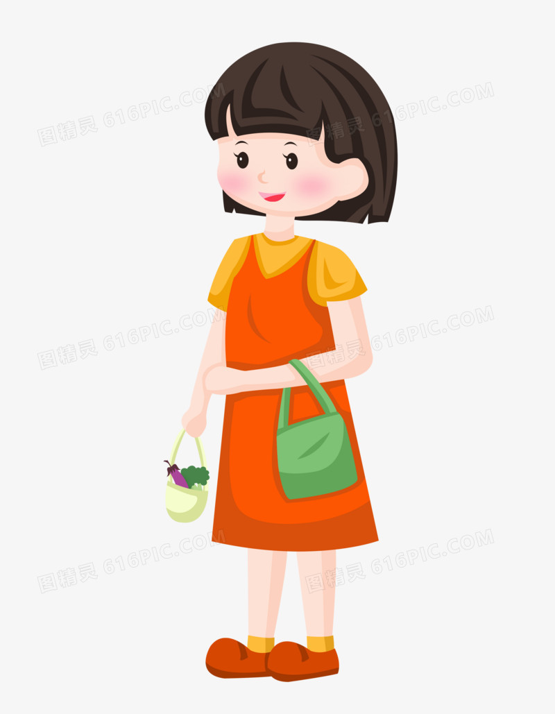 手绘卡通女孩领着袋子购物