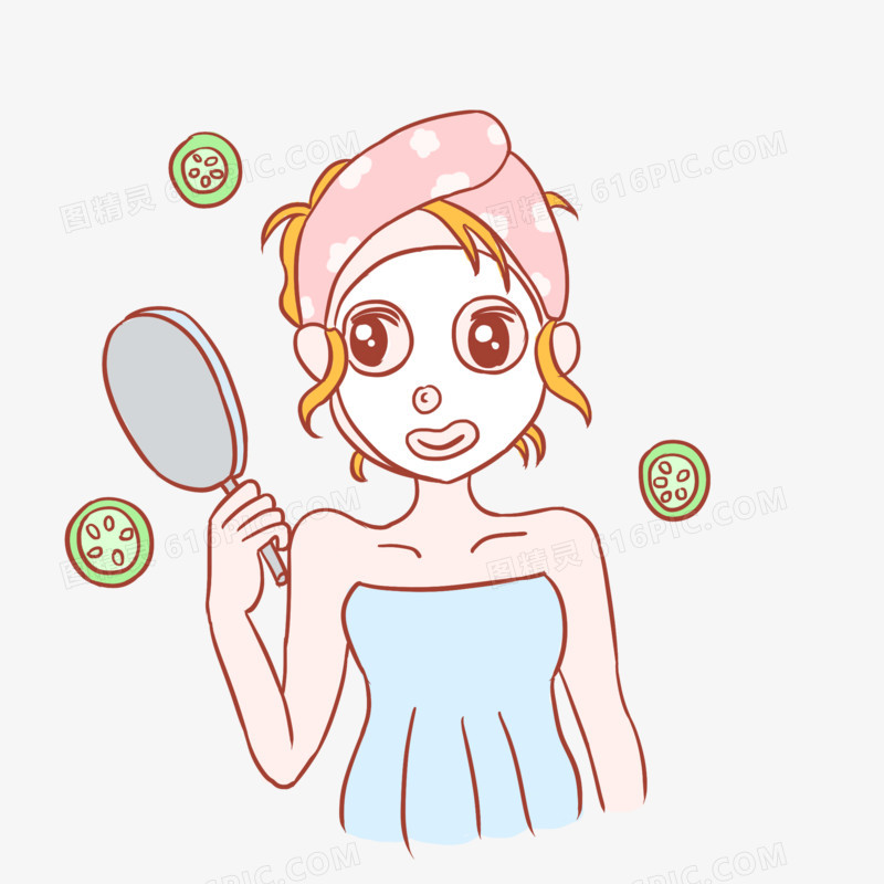 女孩美容面膜手绘卡通元素