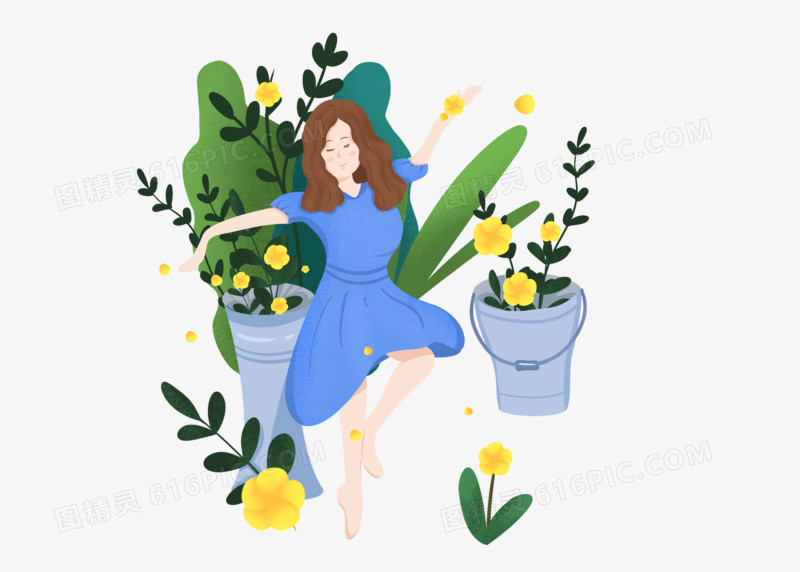 清新卡通游玩女孩手绘插画