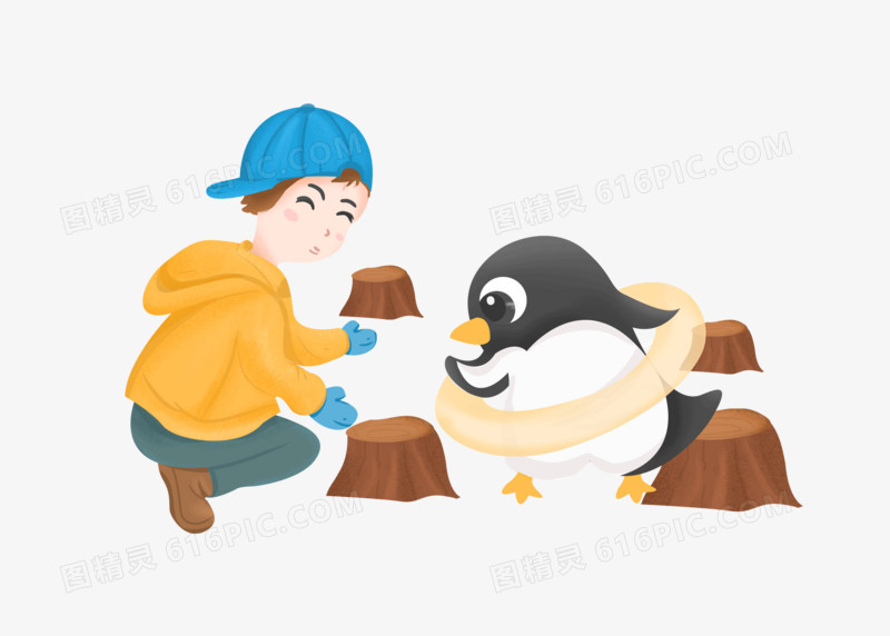 卡通可爱企鹅与男生手绘插画
