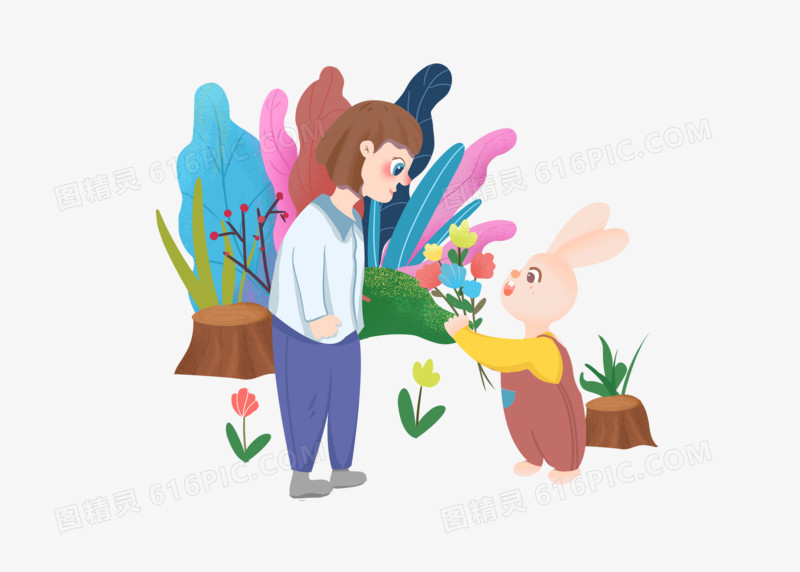 卡通可爱游玩小动物与人物手绘插画