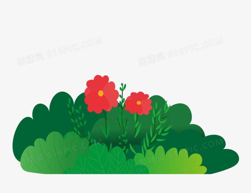 手绘红色花朵草丛矢量图素材