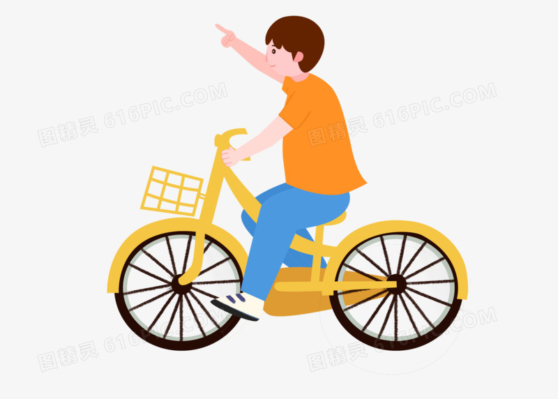 手绘卡通男孩骑自行车郊游