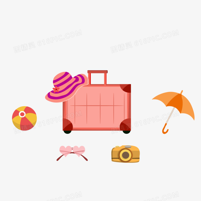 粉色卡通手绘旅游出游用品元素