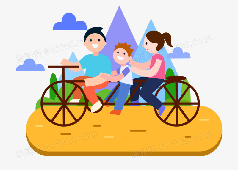 手绘可爱卡通一家人郊游骑自行车