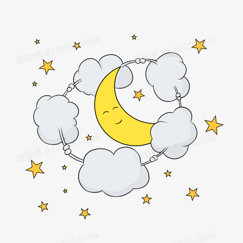 云朵手拉手与月亮星星嬉戏