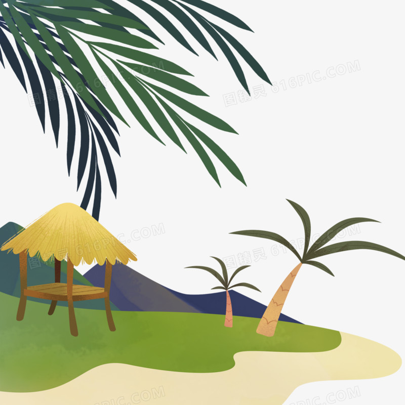手绘卡通海边椰树插画元素