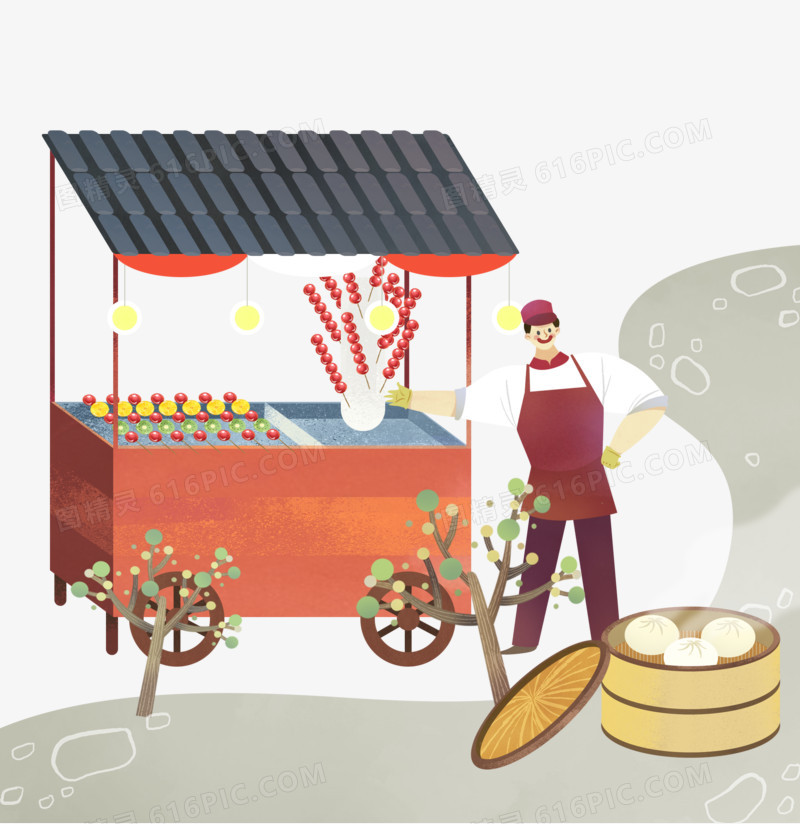 卡通手绘小吃摊路边美食插画元素