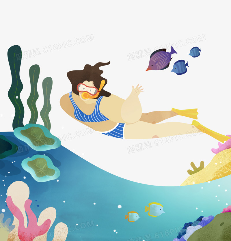 海底游泳旅行海岛游插画元素