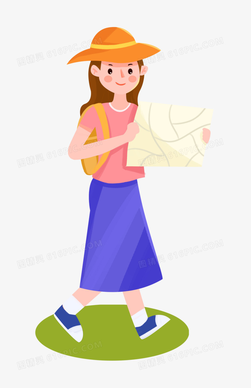 手绘卡通女孩野营探险游玩出游郊游元素