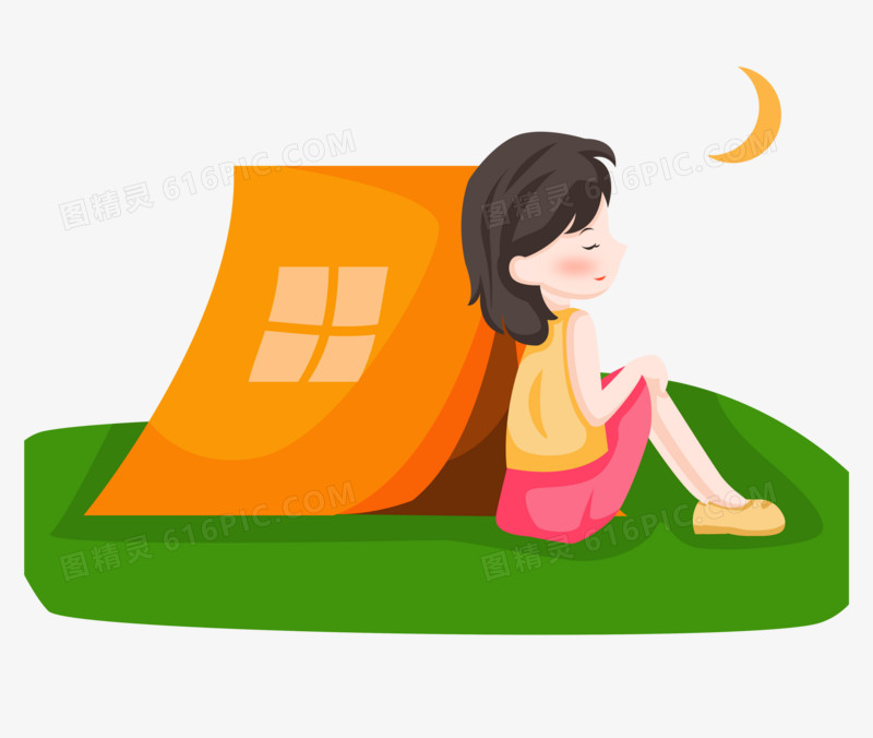 手绘卡通女孩夏令营夜晚生活
