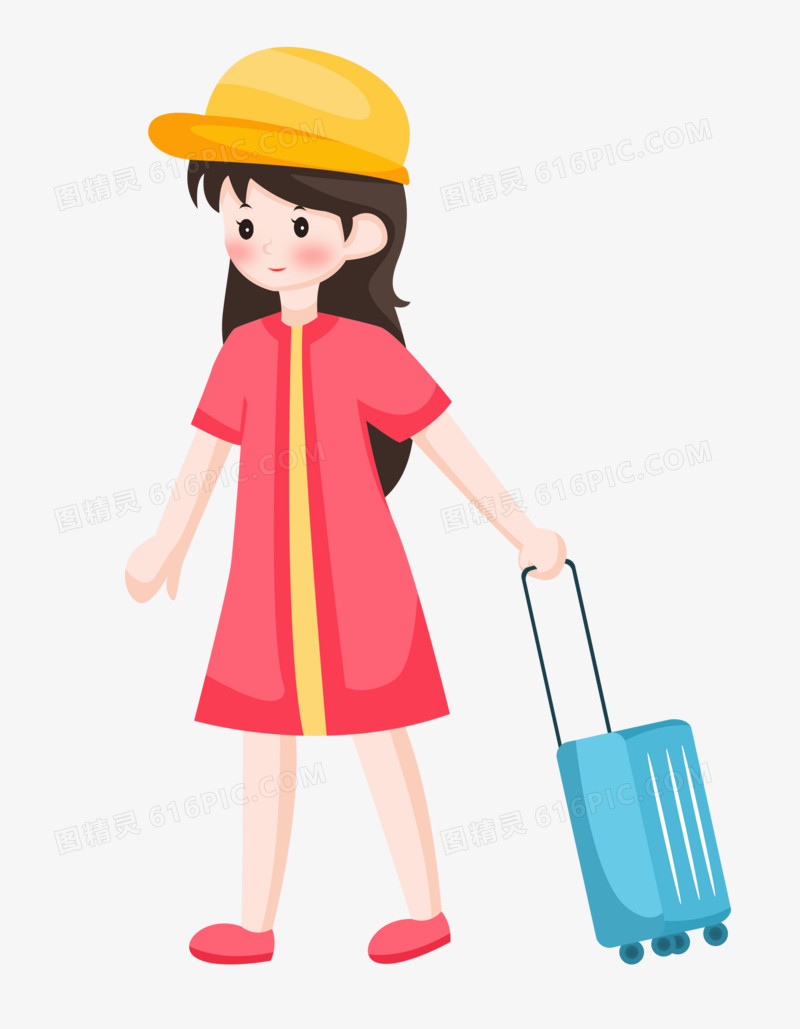 手绘卡通女孩夏季拖着行李旅游