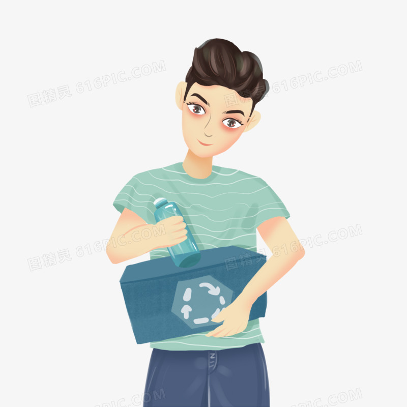 手绘垃圾分类男人拿着垃圾桶