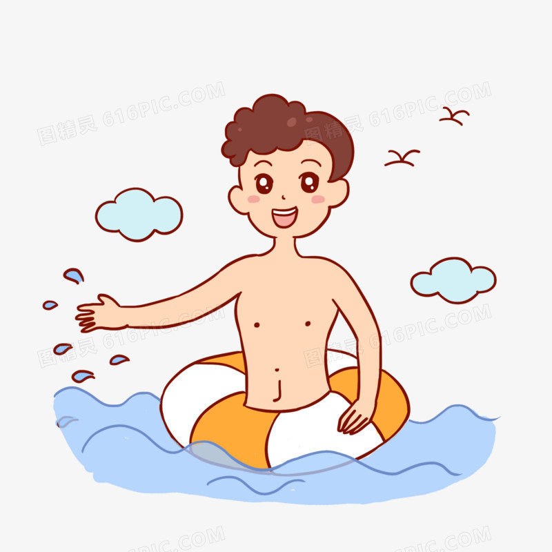 旅游出游度假男孩游泳手绘卡通元素